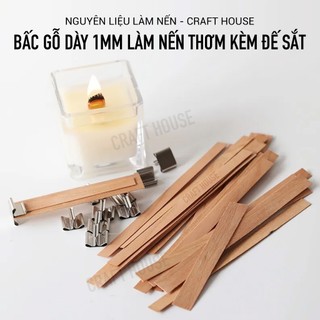 Bấc gỗ dày 1mm làm nến thơm kèm đế sắt dài 10cm