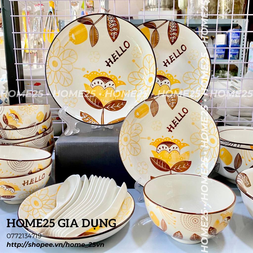 Bộ chén bát dĩa tô sứ ăn cơm thổ cẩm hoa mùa thu họa tiết Hello màu vàng nâu trắng sang trọng  HOME25 GIA DỤN