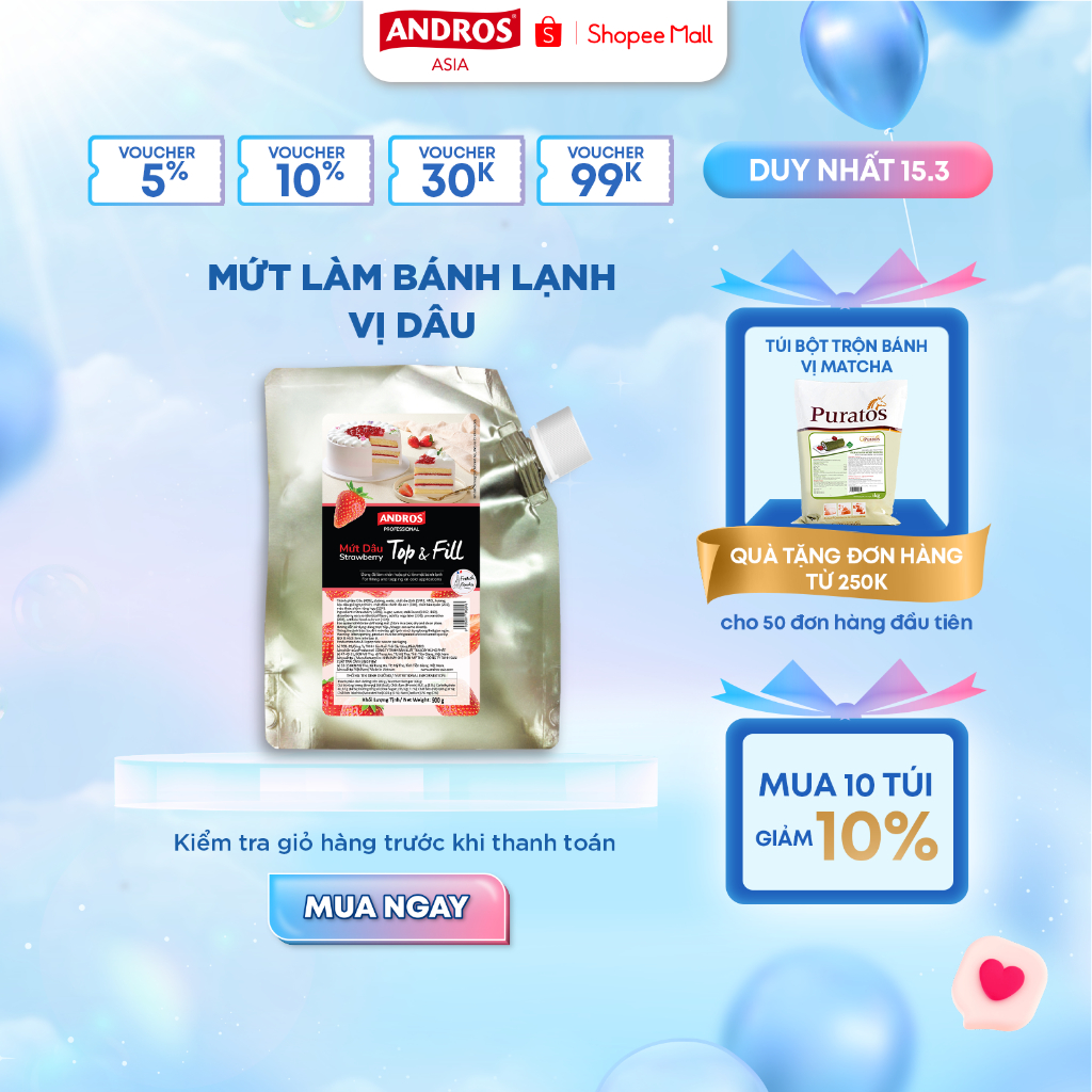 Mứt Làm Bánh Lạnh Vị Dâu - Có miếng trái cây thật - ANDROS Top & Fill - Nguyên liệu làm bánh - 900G