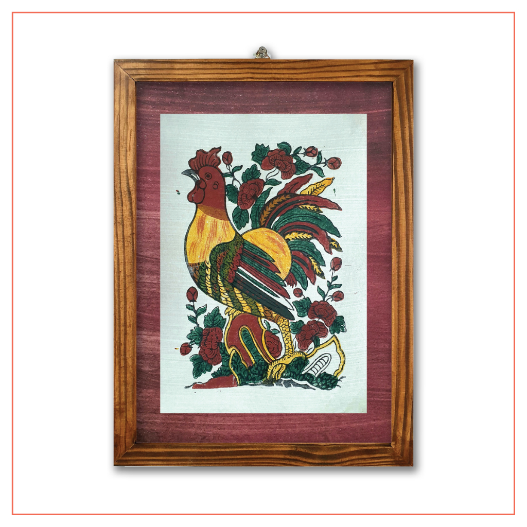 Tranh Đông Hồ Gà trống hoa hồng khung gỗ thật mặt kính mica 30x40