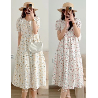 Đầm Babydoll Nữ Hoa Hồng,Hoa Vàng,Váy Hoa Nhi Dáng Dài Xòe Cổ Tròn Tay Bồng, Labibi