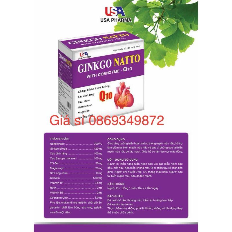 Hoạt huyết dưỡng não GINKGO NATTO With Coenzym Q10 tím bạc- Ginkgo biloba 120mg - Hộp 100 viên