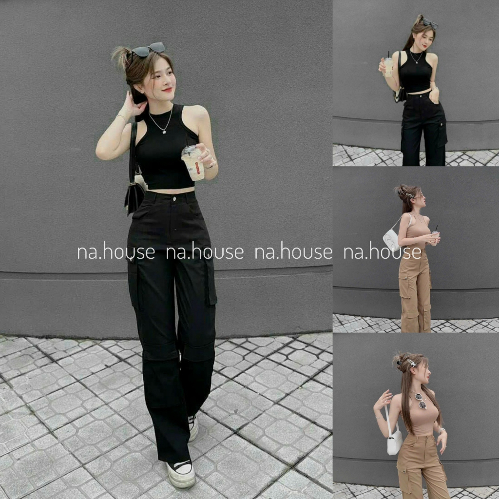 Set áo croptop quần ống rộng đi chơi dạo phố Nahouse set bộ nữ quần dài áo 3 lỗ màu đen nâu thiết kế đẹp xinh xịn sang