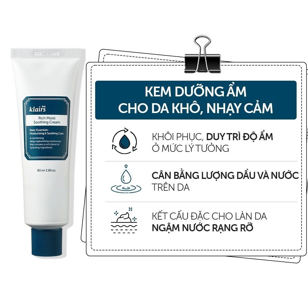 Kem dưỡng ẩm sâu dành cho da khô, mất nước Klairs Rich Moist Soothing Cream 80ml