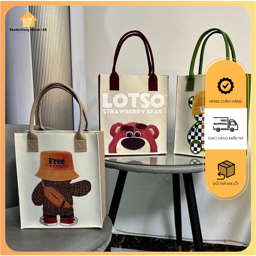 (LOẠI DÀY - ĐỨNG TÚI) Túi Xách Tote Vải Nỉ Ép, Túi Nỉ Gấu Dâu Hoạt Hình, Dùng Đi Học, Đựng đồ tiện dụng