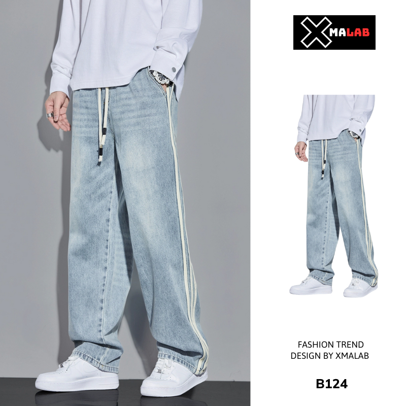 Quần jean baggy nam ống rộng dáng suông đường viền kẻ dọc xmalab quần bò nam dây rút co giãn B124