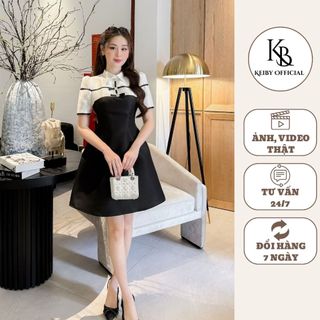 Đầm Váy Nữ Tafta Cổ Cao KALOE Họa Tiết Đường Kẻ Trẻ Trung, Sang Trọng KS03.