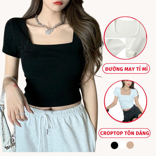 Áo Croptop Cổ Vuông Ngắn Tay Madela Vải Thun Bozip, Áo Cộc Tay Nữ Cổ Vuông Phong Cách Hàn Quốc