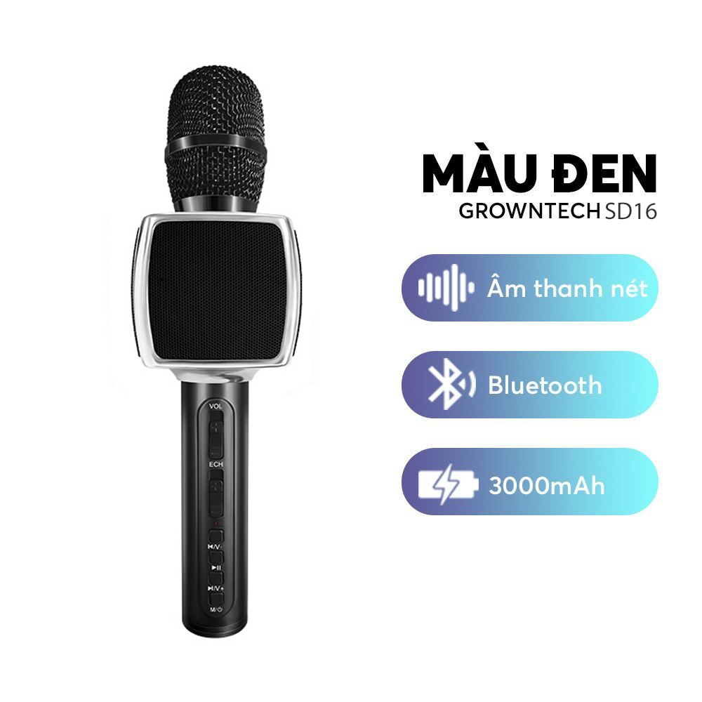 Micro karaoke bluetooth mini cầm tay GrownTech SD 16 đa năng âm thanh chuẩn âm bass to kết nối blutooth