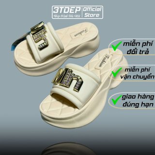Dép lê quai ngang nữ 3TDEP, đế bánh mì cao 5,5cm MIN đính đá lấp lánh, chuẩn size
