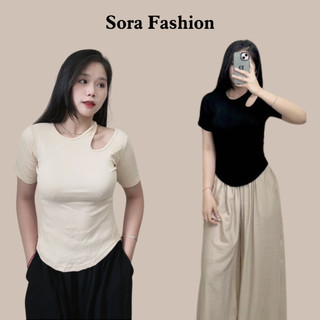 Áo Thun Nữ Cộc Tay Bigsize Sora Fashion,Áo Kiểu Nữ Khoét Vai Vạt Eo Che Khuyết Điểm Chất Liệu Thun Cotton 125