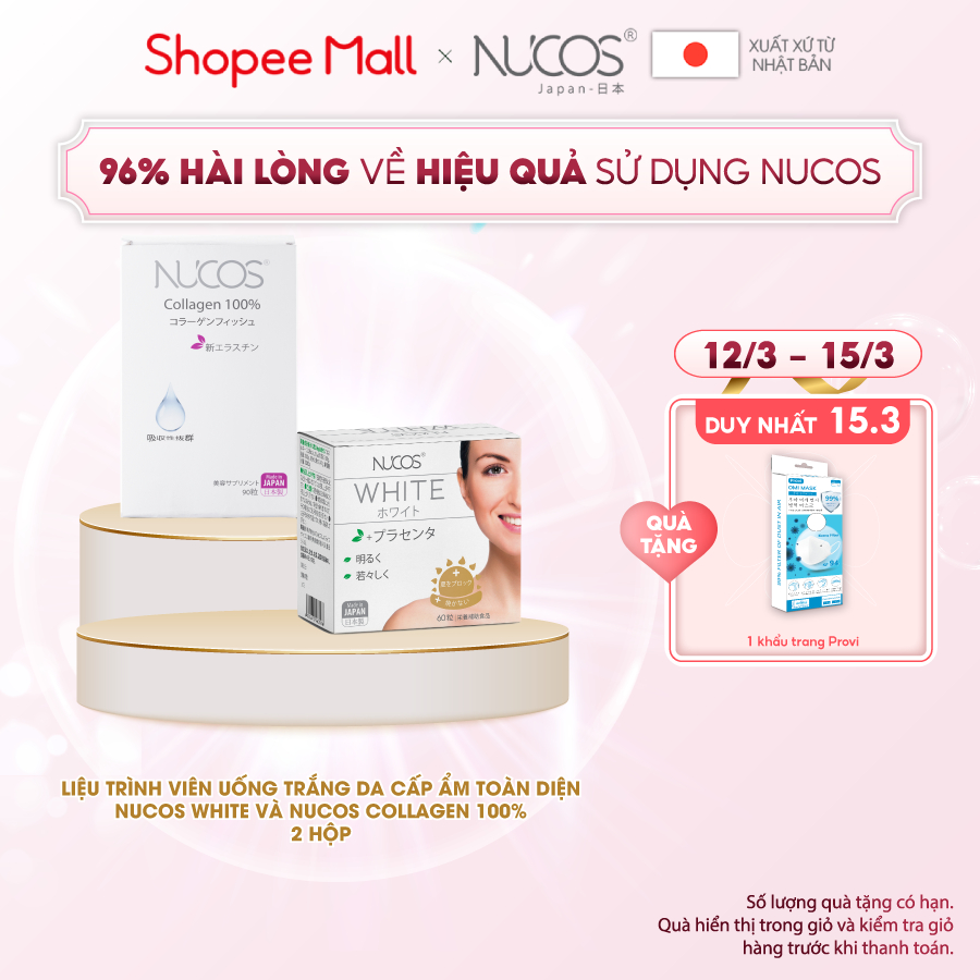 Combo viên uống trắng da cấp ẩm toàn diện 1 Nucos White và 1 Nucos Collagen 100% 2 hộp