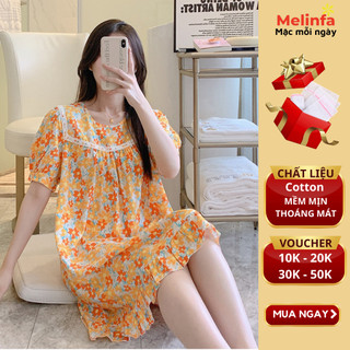Váy đầm ngủ mặc nhà, áo ngủ ngắn tay phối ren vải Cotton tự nhiên mềm mại thoáng mát măc mùa hè mã VAV0468