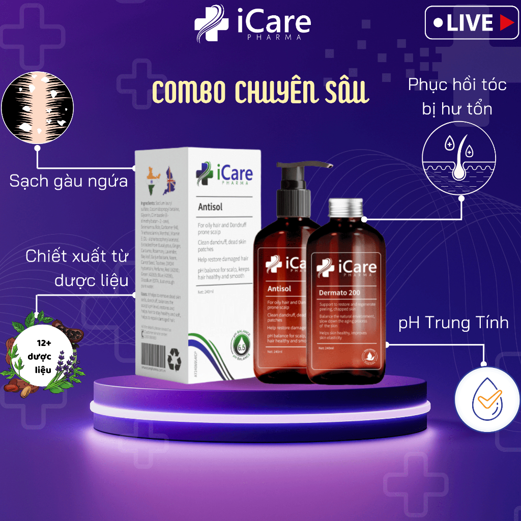 Combo Dermato 200 & Dầu Gội Sạch Gàu Antisol | Thương Hiệu iCare Pharma | Hỗ Trợ Phục Hồi Tóc Hư Tổn, Ngăn Ngừa Rụng Tóc