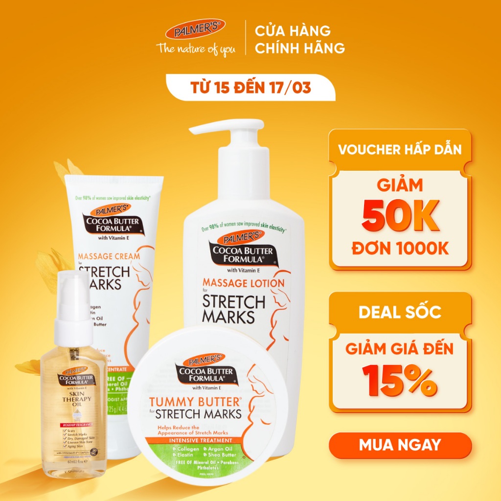 Bộ sản phẩm ngăn ngừa và làm giảm rạn da chuyên nghiệp Palmer's  (Lotion, Kem, Bơ Đậm Đặc, Dầu massage toàn thân 60ml)