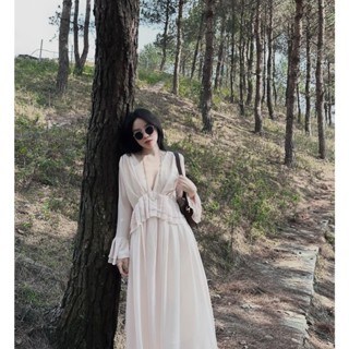  Set áo cổ V tay bèo dài kèm chân váy dáng dài voan xòe Set bộ đồ áo chiết eo kèm chân váy xòe tiểu thư sang chảnh 