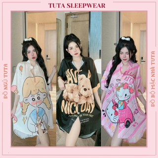 Đầm ngủ sơ mi lụa xước TUTA váy ngủ bigsize cao cấp