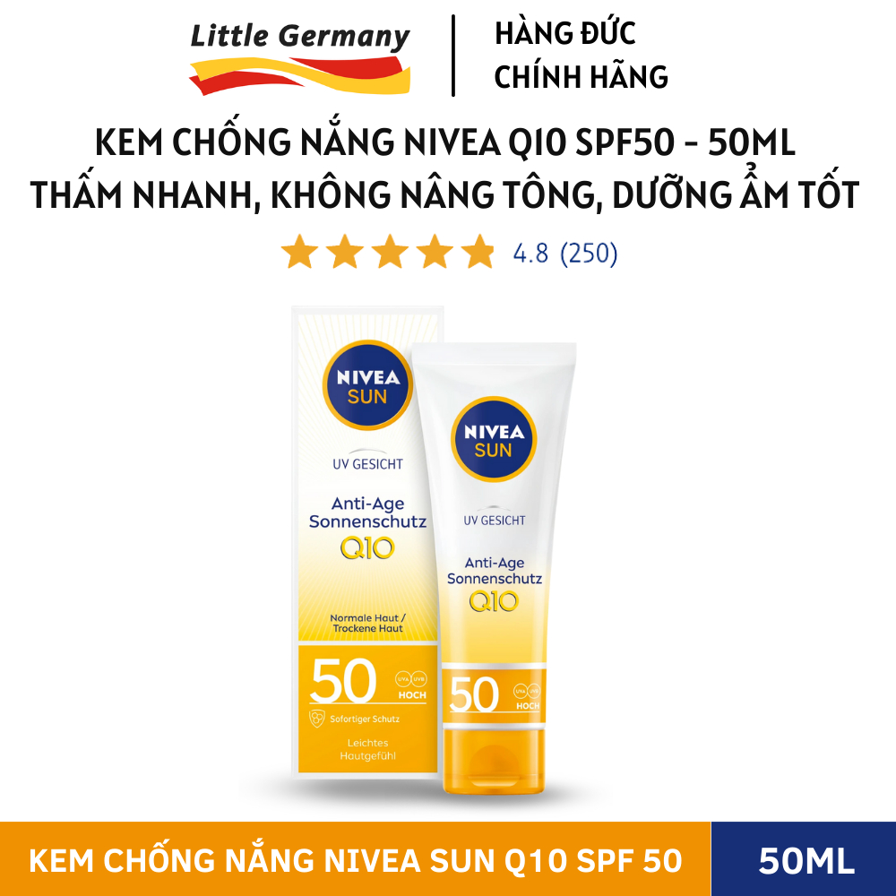 Kem chống nắng NIVEA Q10 SPF50 50ML - Chống lão hóa, không nâng tông, thấm nhanh, chống các đốm nâu từ tia UV - hàng Đức