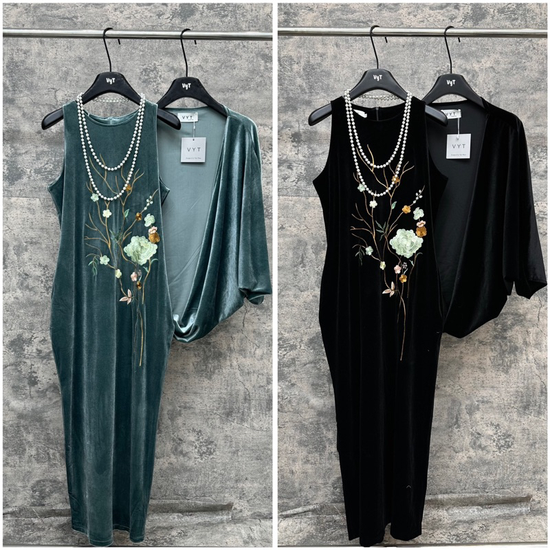 Váy nhung xuông sát nách thêu hoa xanh