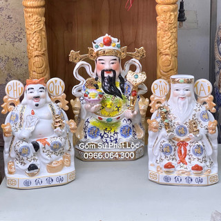 Bộ 3 tượng thần tiền, thần tài thổ địa gấm xanh cao cấp, tượng thần tài thổ địa sứ, tài địa phú quý gấm xanh