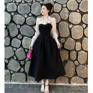Đầm Váy Maxi Dáng Xòe Bồng Phối Ren Hoa Tay Dài Cổ Bẻ Mix Màu Trắng Đen Style Sang Chảnh Dự Tiệc Siêu Hot