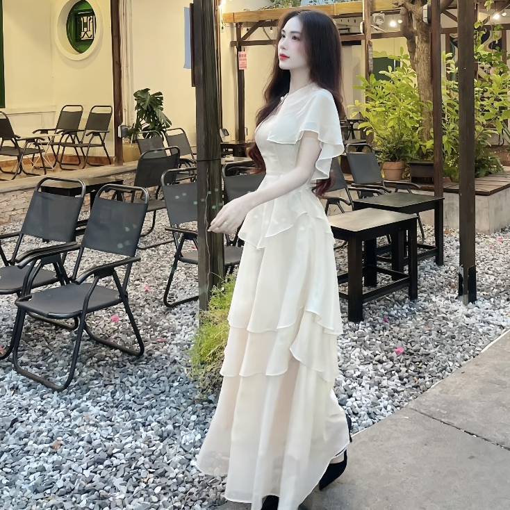 Đầm Dự Tiệc Thiết Kế Chất Liệu Voan Dáng Dài Bèo Tầng + Áo Choàng Sang Trọng Dáng Tiểu Thư | BigBuy360 - bigbuy360.vn