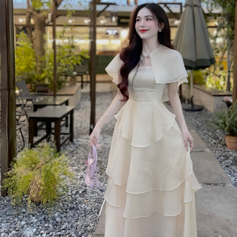 Đầm Dự Tiệc Thiết Kế Chất Liệu Voan Dáng Dài Bèo Tầng + Áo Choàng Sang Trọng Dáng Tiểu Thư | BigBuy360 - bigbuy360.vn