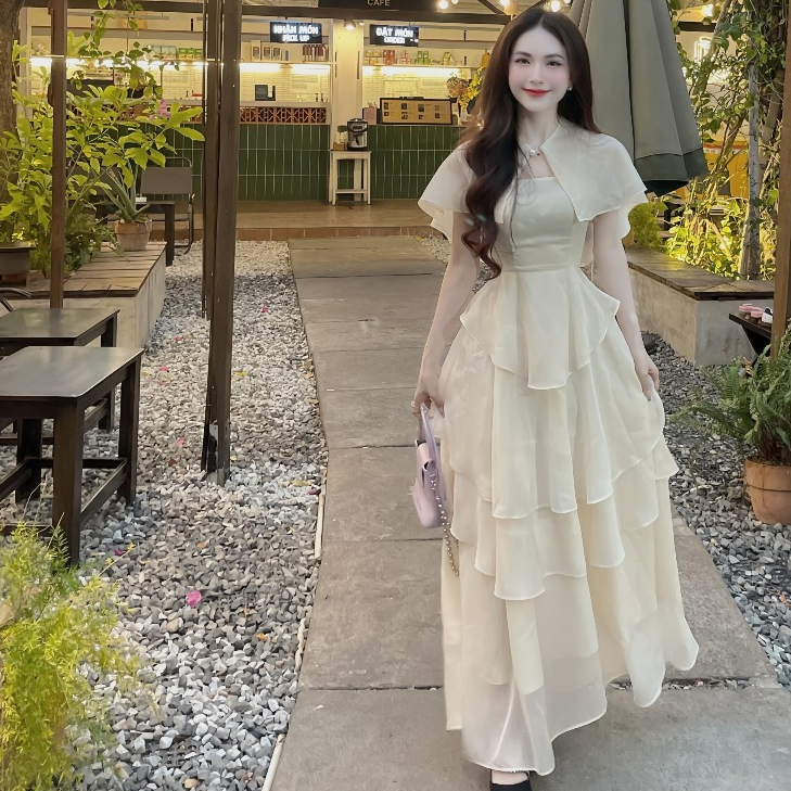 Đầm Dự Tiệc Thiết Kế Chất Liệu Voan Dáng Dài Bèo Tầng + Áo Choàng Sang Trọng Dáng Tiểu Thư | BigBuy360 - bigbuy360.vn