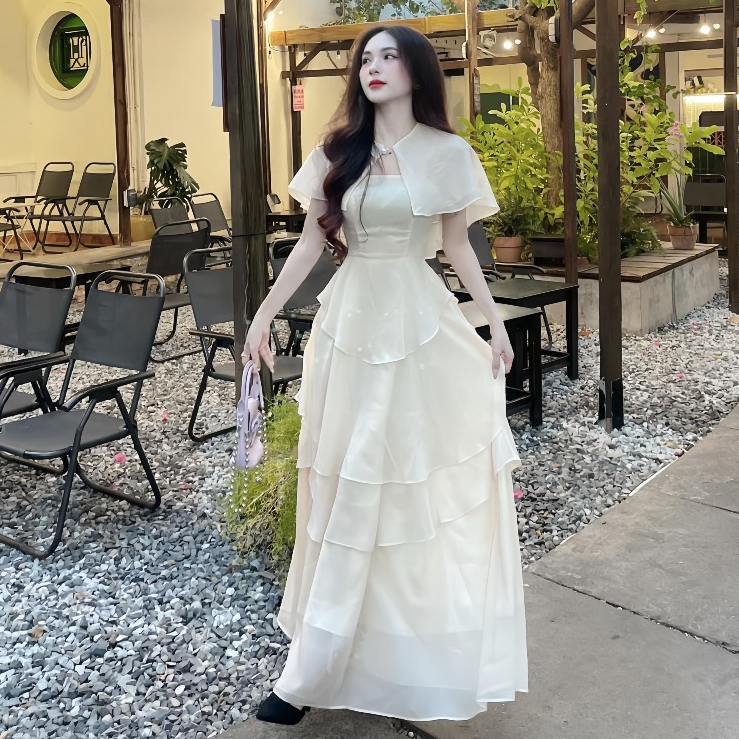 Đầm Dự Tiệc Thiết Kế Chất Liệu Voan Dáng Dài Bèo Tầng + Áo Choàng Sang Trọng Dáng Tiểu Thư | BigBuy360 - bigbuy360.vn