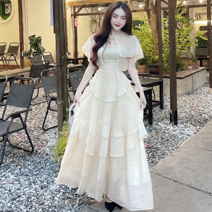 Đầm Dự Tiệc Thiết Kế Chất Liệu Voan Dáng Dài Bèo Tầng + Áo Choàng Sang Trọng Dáng Tiểu Thư | BigBuy360 - bigbuy360.vn