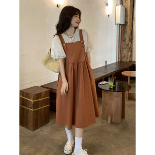 Set váy yếm mix áo sơ mi cổ tròn form rộng, Áo sơ mi mix váy yếm phong cách ulzang hàn quốc 6551