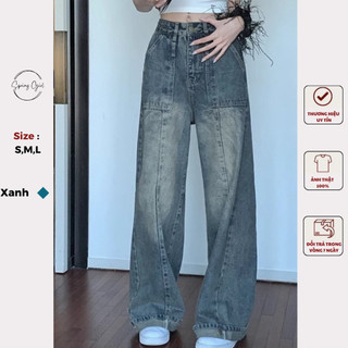 Quần jean nữ ống rộng lưng cao màu xanh gân trước Spring Quan9589/P13K27
