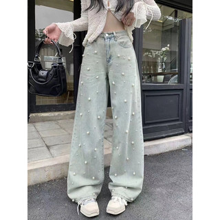 Quần jeans xuông ống đứng đính ngọc trai, Quần jeans xuông xanh đính ngọc xinh.