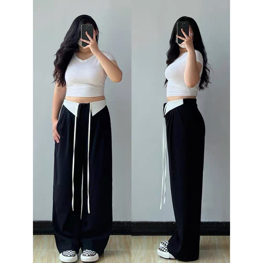 Quần Ống Suông Phối Lưng Kiểu, Dáng Đứng Bigsize Nữ Thời Trang Dễ Phối Vải Cotton Mềm Thoải Mái Thanh Lịch Qphoi