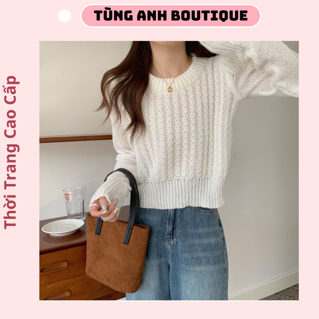 Áo sweater len croptop dệt kim tay dài cổ tròn dáng ngắn tay phồng chất len xốp mềm mịn kiểu Hàn Quốc