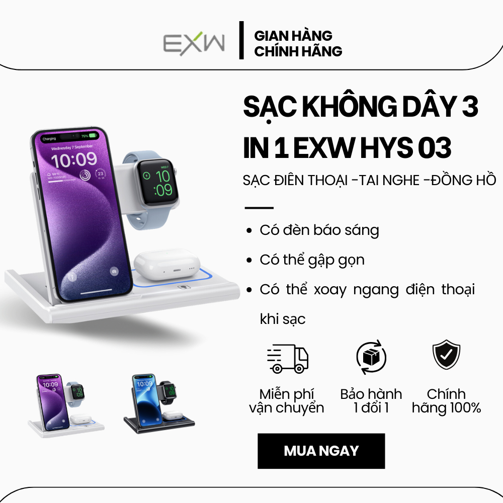 Đế sạc nhanh không dây EXW đa năng 3 trong 1, bản nâng cấp hỗ trợ sạc nhanh 15W, sạc được nhiều thiết bị, bảo vệ máy