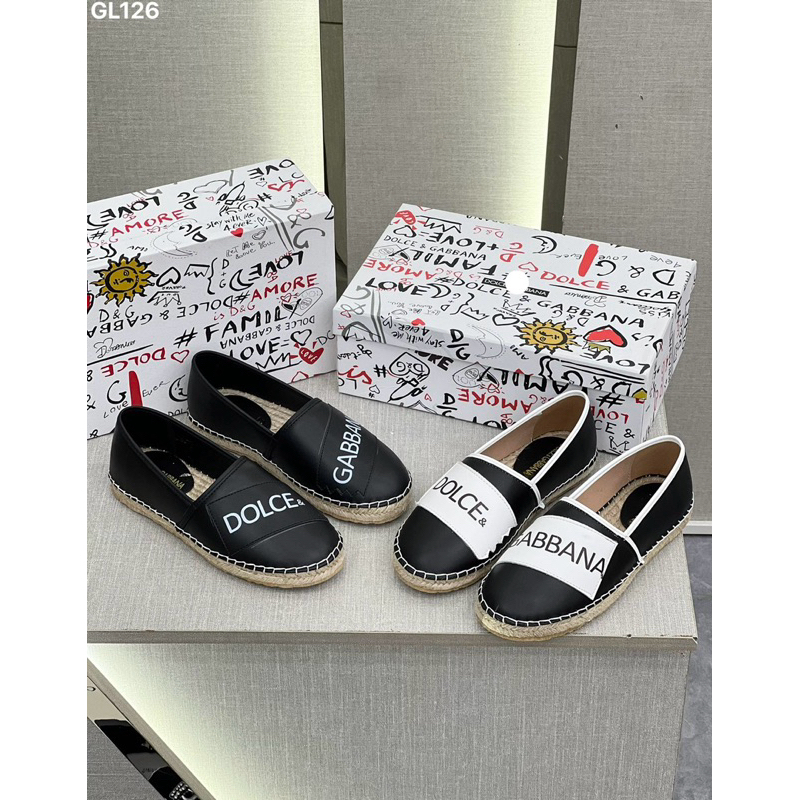 Giày cói slipon lười nam Dolce da Pu trơn in vạch chữ DG chéo đế cói khâu cao su
