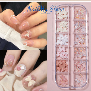 Charm nơ mix ngọc trai - Khay phụ kiện trang trí nail