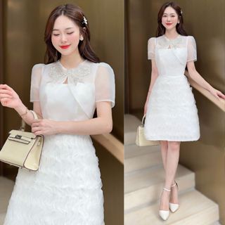 Đầm dự tiệc siêu tiểu thư voan phối ren đứng form - XU XU SHOP - Váy trắng nữ thiết kế sang chảnh đi ăn cưới - ẢNH THẬT