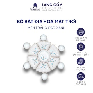 Bộ bát đĩa hoa mặt trời men trắng vẽ đào xanh, gốm sứ Bát Tràng cao cấp - LÀNG GỐM