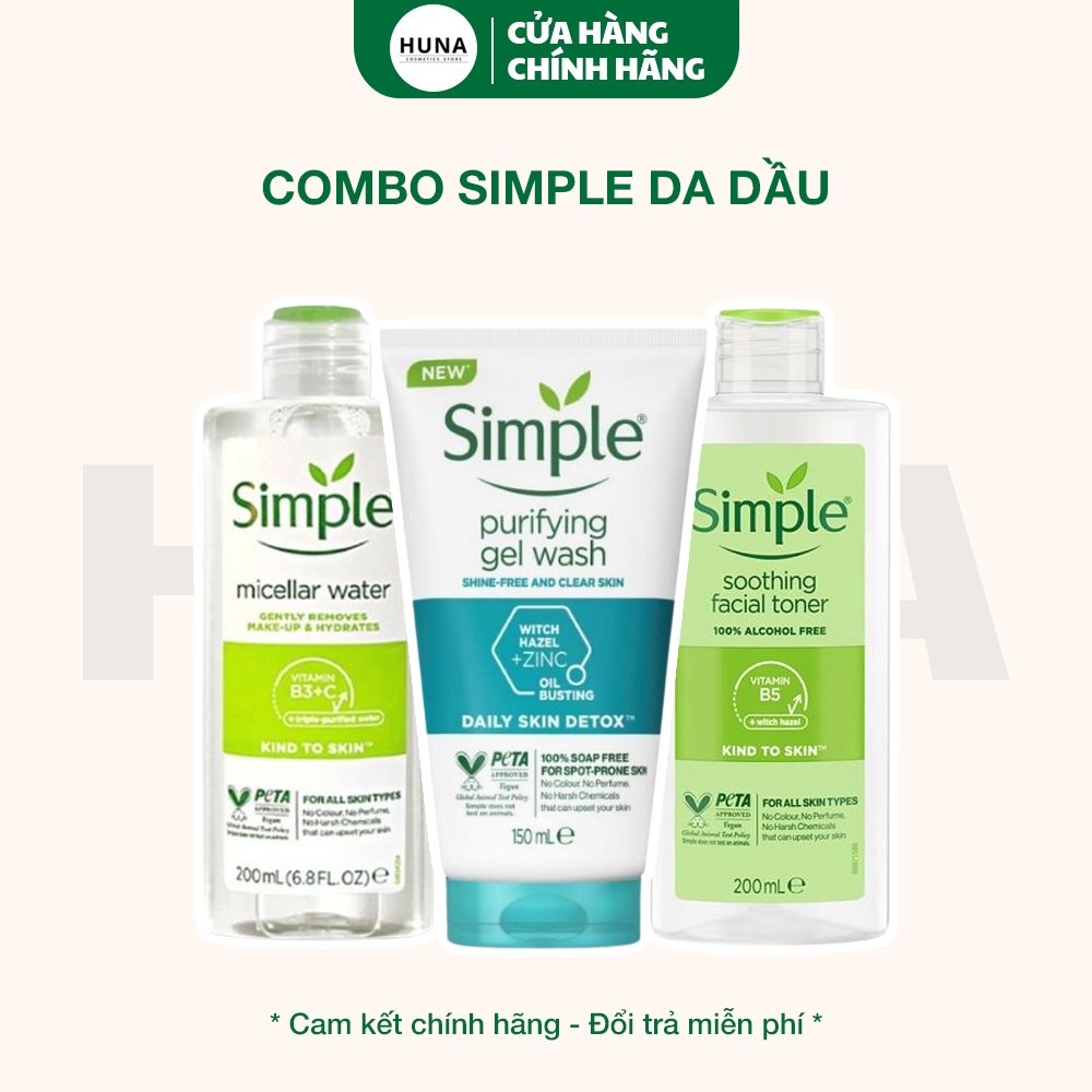 Combo Simple Tẩy trang 200ml + Sữa rửa mặt 150ml + Nước hoa hồng 200ml cho