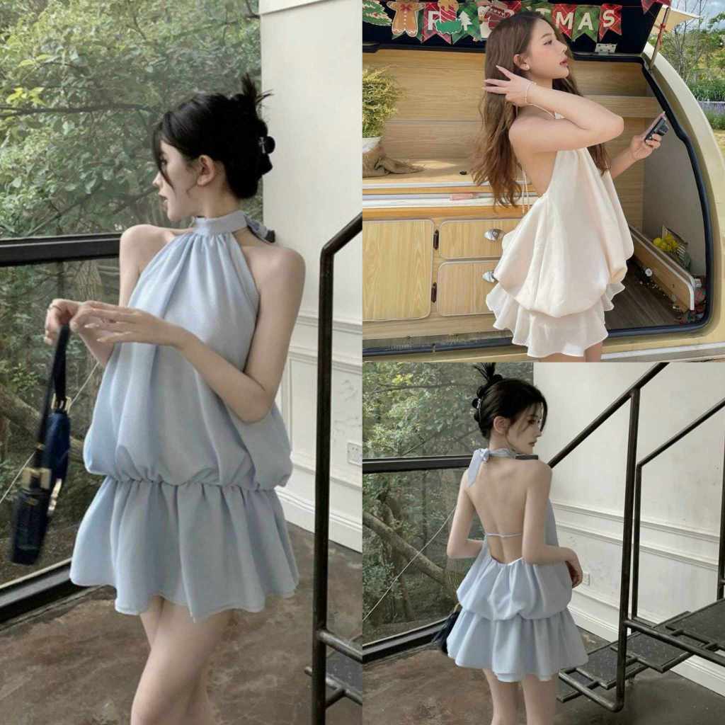 Sét Đồ Áo Váy nữ hở lưng nơ cổ yếm kiểu dáng quyến rũ xinh xắn