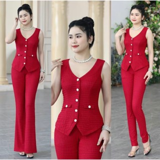 Sét bộ đồ thời trang nữ kiểu áo sát nách quần ống loe trẻ trung, sang trọng quý phái