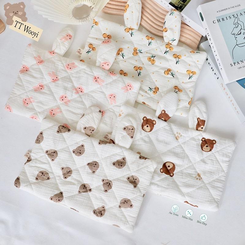Gối sơ sinh muslin vải lưới tai thỏ Wooji