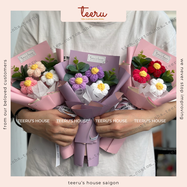   ẢNH THẬT HỎA TỐC  Bó 3 hoa lưu ly bằng len MINI handmade quà tốt nghiệp tặng người yêu  - Crochet Teeru's House 