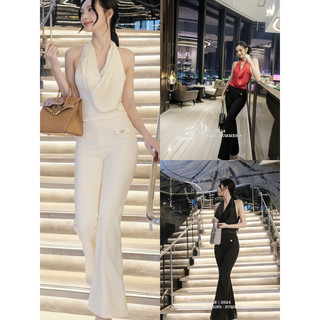 Set áo yếm lụa cổ đổ quần tây loe khuy vàng sang trọng