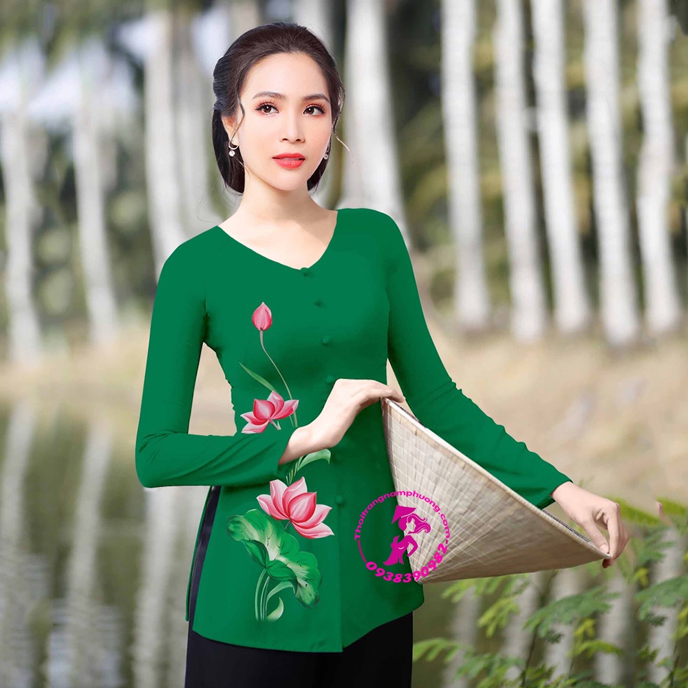 Áo bà ba lụa nhật in hoa sen màu xanh lá đậm cổ tim - Nam Phương - LN3D86
