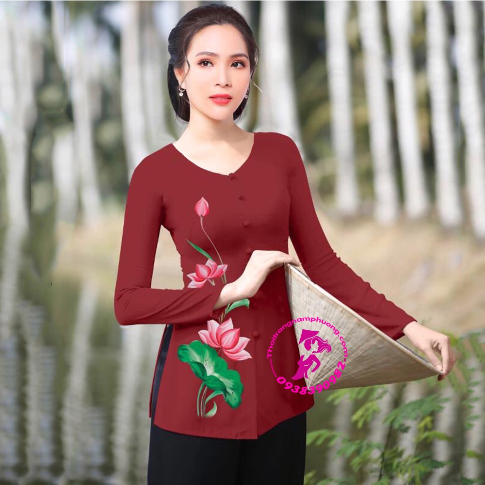 Áo bà ba lụa nhật in hoa sen màu Đỏ đô cổ tim - Nam Phương - LN3D86c