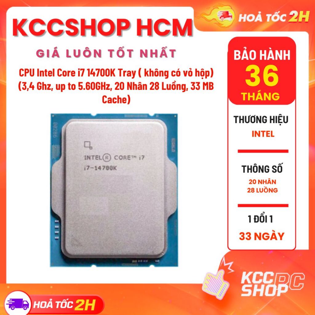 CPU Intel Core i7 14700K Tray ( không có vỏ hộp) (3,4 Ghz, up to 5.60GHz, 20 Nhân 28 Luồng, 33 MB Cache) BH 3 năm