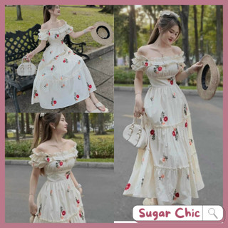  Đầm váy nữ trễ vai hoa xếp ly tay búp mặc 2 kiểu dáng xòe dịu dàng thanh lịch duyên dáng cho nữ mặc đi chơi đi biển 